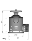 Illustration of ARCA-SWISS monoball Z1+ sp threaded disk tripod head with front view, featuring an aspherical ball design, axial clamping, progressive motion and gravity friction control. SKU: 801101