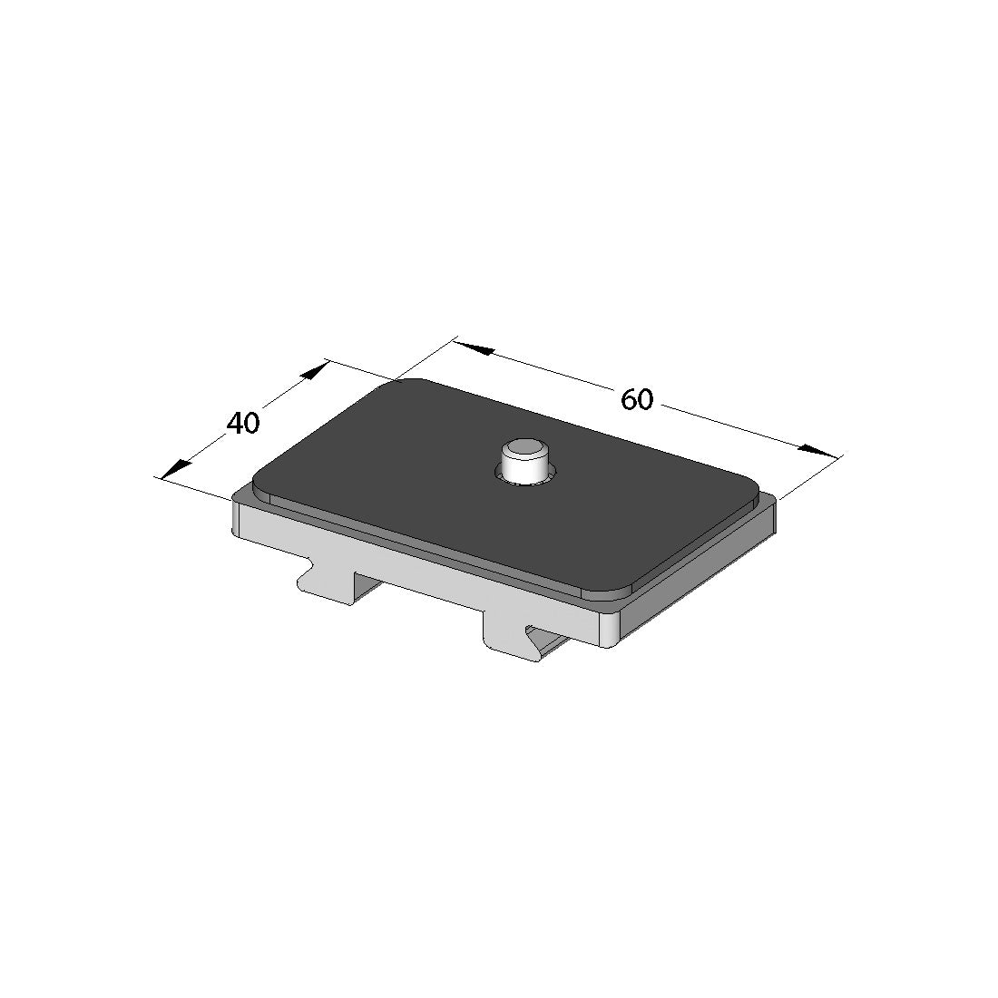 Illustration of ARCA-SWISS Camera Plate Classic Universal 1/4, showing dimensions. 1/4”-20 screw, centered. Universal fit for Canon, Nikon and Fuji cameras. From ARCA-SWISS USA.  SKU:  802209