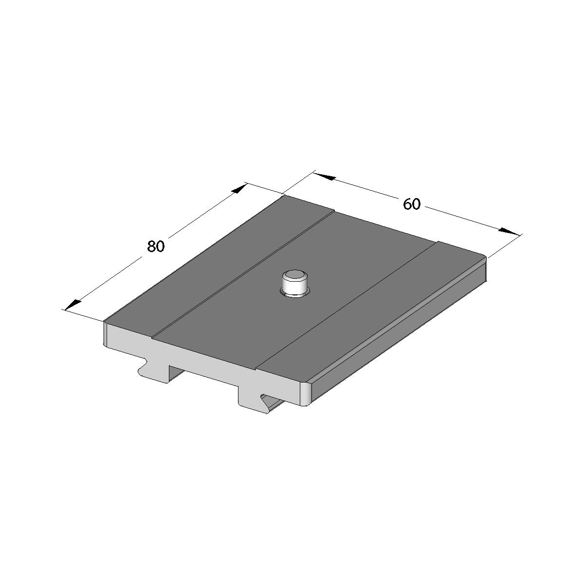 Illustration of ARCA-SWISS Camera Plate Classic 80 mm 1/4, showing dimensions. Universal Classic plate suitable for large format cameras or large lenses with a lens foot. 1/4”-20 screw centered in the plate. From ARCA-SWISS USA.  SKU:  802210.1