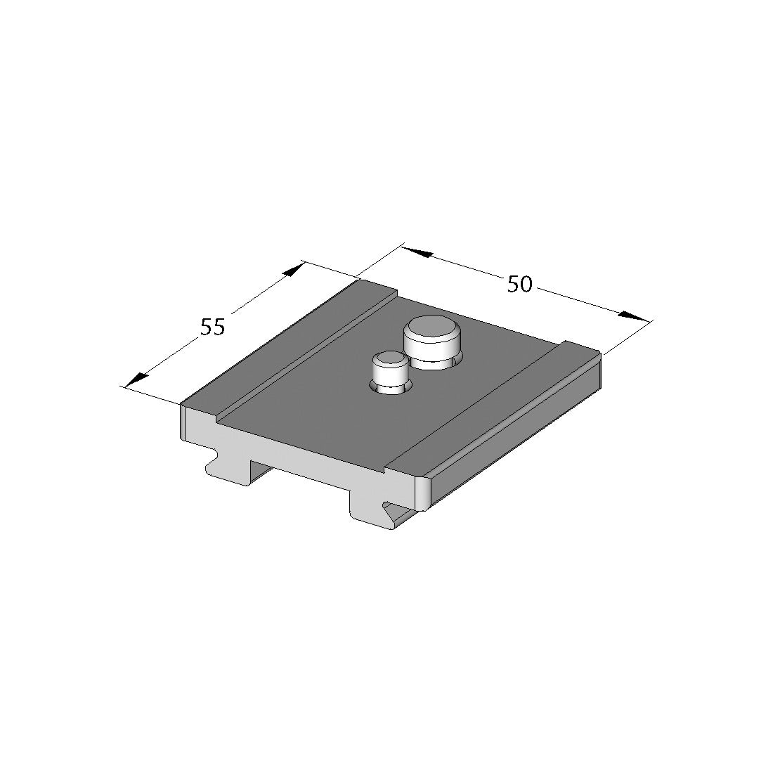 Illustration of ARCA-SWISS Camera Plate Classic Hasselblad V, showing dimensions. For use with one of two provided screws, 1/4”-20 or 3/8”-16. Anti-twist design with a channel for the Hasselblad V foot. For Hasselblad V cameras. From ARCA-SWISS USA.  SKU:  802221