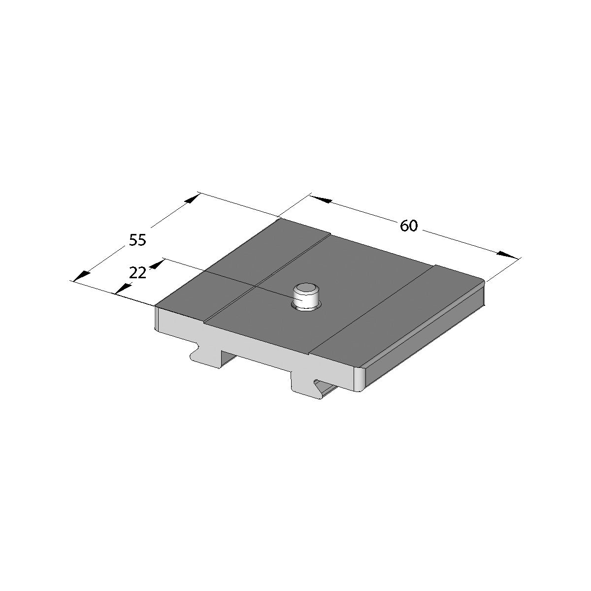 Illustration of ARCA-SWISS Camera Plate Classic 55 mm 1/4, showing dimensions. For large format cameras or Rollei medium format. 1/4”-20 screw. From ARCA-SWISS USA.  SKU:  802222