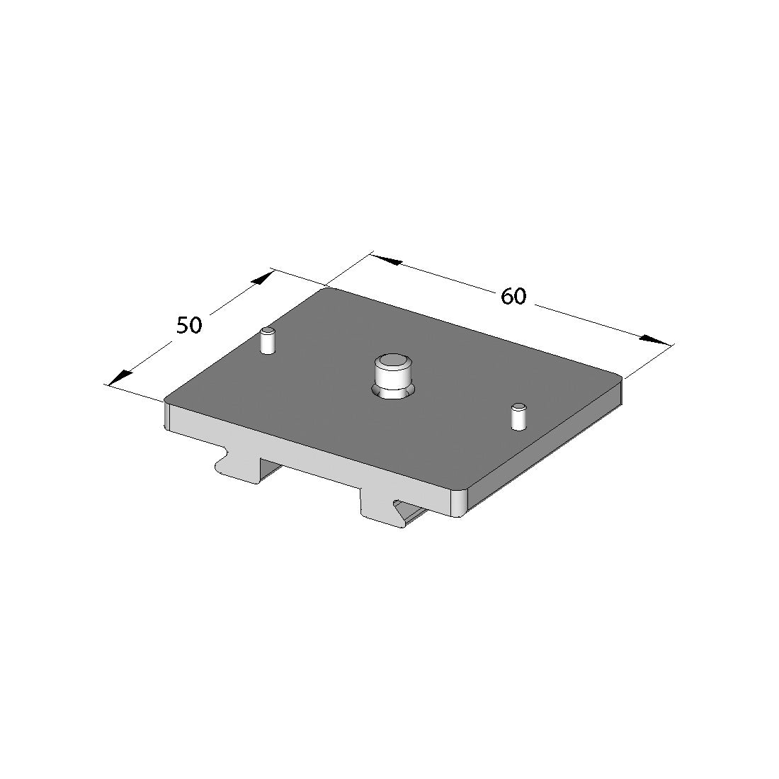 Illustration of ARCA-SWISS Camera Plate Classic Mamiya or Phase One, showing dimensions. 1/4”-20 screw. Two anti-twist index pins for Mamiya RB 67, RZ 67, Mamiya 645, Phase One DF and Phase One XF cameras. From ARCA-SWISS USA.  SKU:  802224