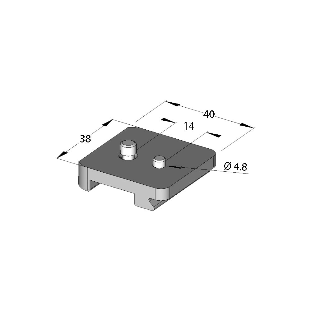 Illustration of ARCA-SWISS Camera Plate Classic Leica R or Nikon Z, anti-twist pin, showing dimensions. 1/4”-20 screw. Anti-twist registration pin for Leica R and Nikon Z cameras. From ARCA-SWISS USA.  SKU:  802227