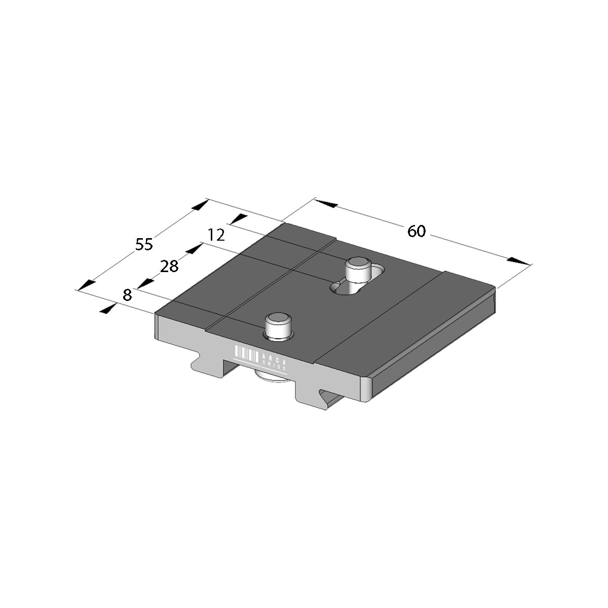 Illustration of ARCA-SWISS Camera Plate Classic 55 mm 2x1/4 adjustable 28-40 mm, showing dimensions. 2 1/4”-20 screws. Variable attachment to a lens foot or for cameras with two threaded sockets. 28 mm minimum to 40 mm maximum distance. From ARCA-SWISS USA.  SKU:  802230