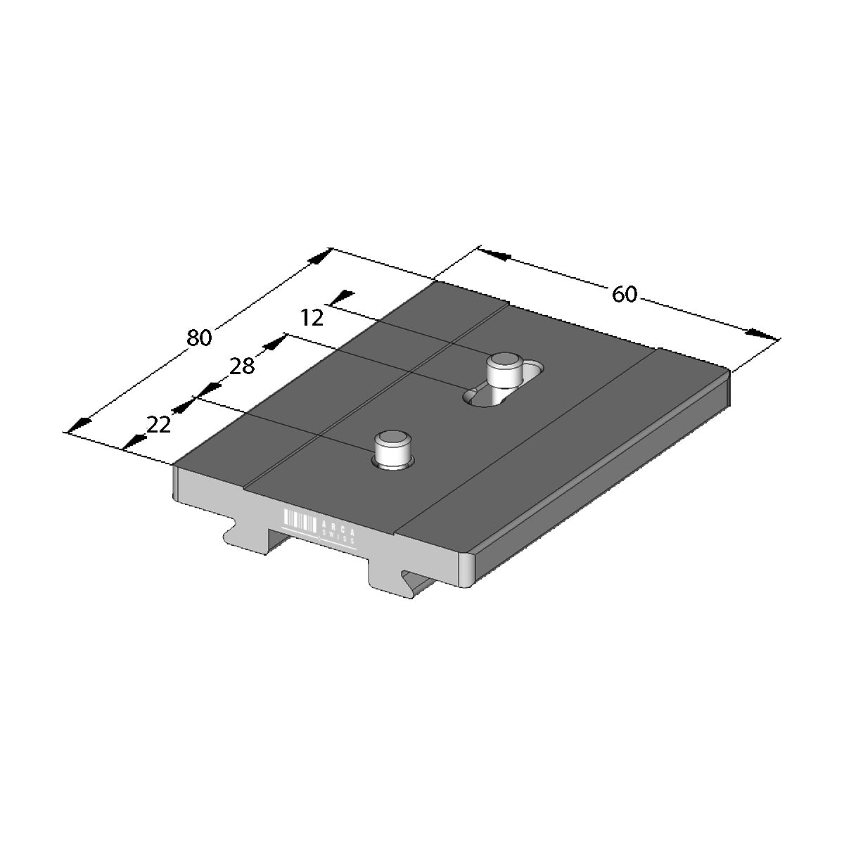 Illustration of ARCA-SWISS Camera Plate Classic 80 mm 2x1/4, adjustable 28-48 mm, showing dimensions. 2 1/4”-20 screws. Variable attachment to a lens foot or for cameras with two threaded sockets. One fixed position screw, with a second screw in an adjustment slot. 28 mm minimum to 40 mm maximum adjustable distance. From ARCA-SWISS USA.  SKU:  802231
