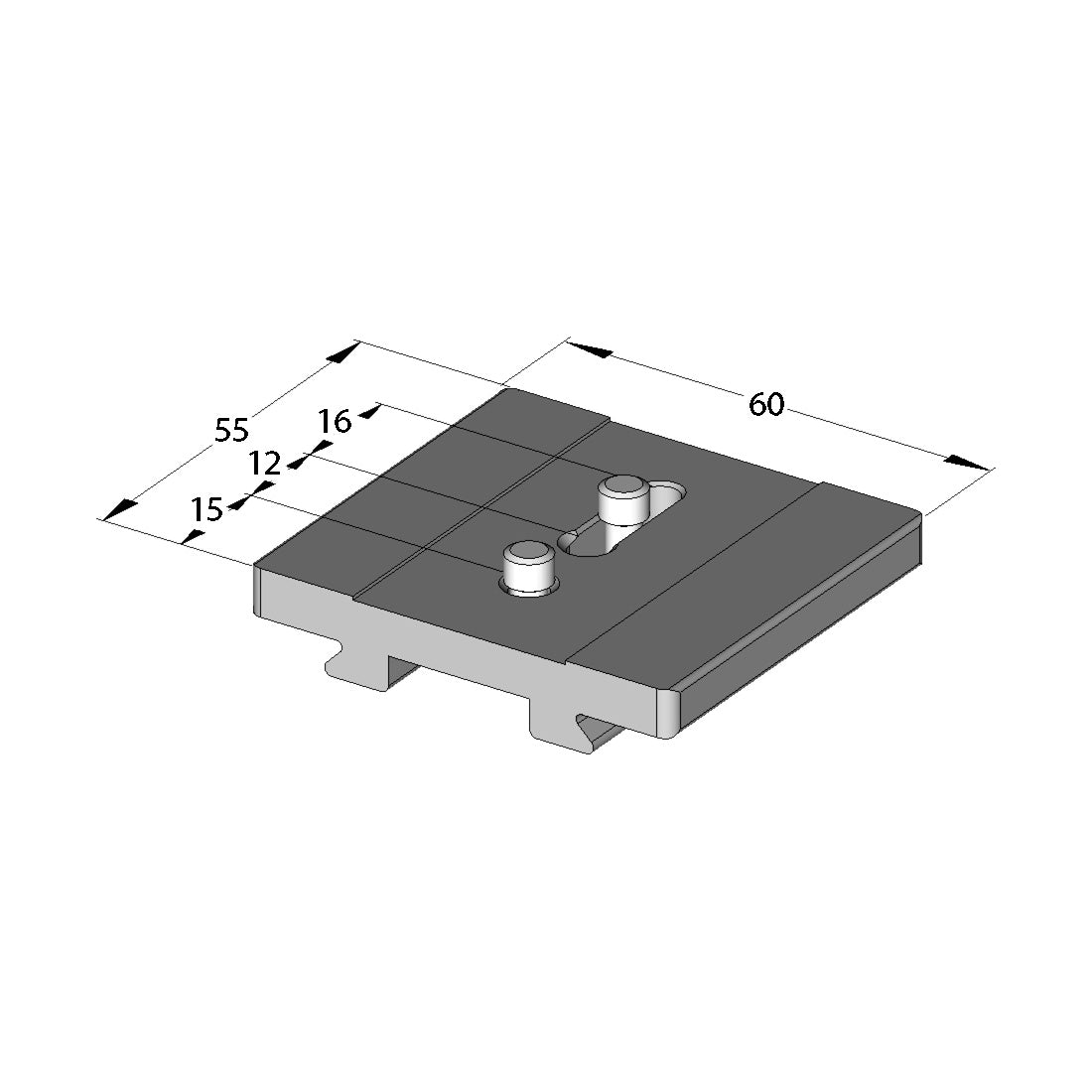 Illustration of ARCA-SWISS Camera Plate Classic 55 mm 2x1/4 adjustable 12-28 mm, showing dimensions. 2 1/4”-20 screws. Variable attachment to a lens foot or for cameras with two threaded sockets. One fixed position screw, with a second screw in an adjustment slot. 12 mm minimum to 28 mm maximum distance between screws. Recommended for large format cameras or long lenses. From ARCA-SWISS USA.  SKU:  802232