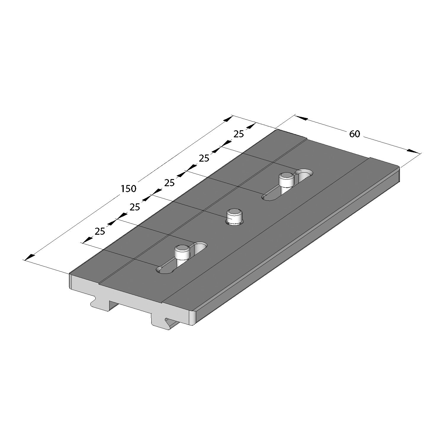Illustration of ARCA-SWISS Camera Plate Classic 150 mm 2x1/4 adjustable, showing dimensions. Supplied with (3) 1/4”-20 screws - 2 adjustable, 1 fixed. Adjustable use for flat bed view cameras, lenses, scopes or accessories. From ARCA-SWISS USA.  SKU:  802250