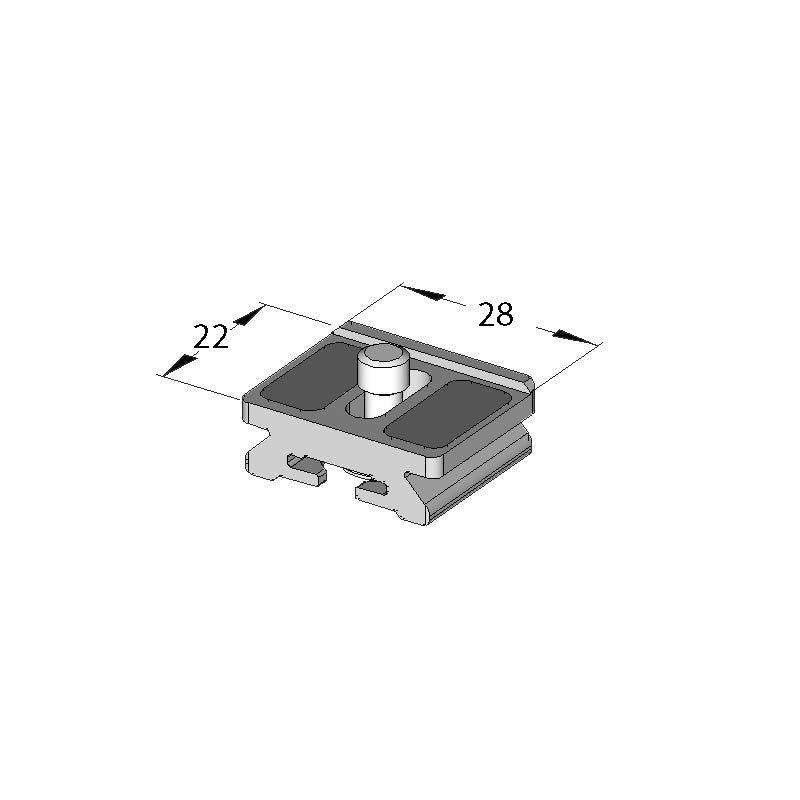 Illustration of ARCA-SWISS Camera Plate monoball®Fix Compact, showing dimensions. 1/4”-20 screw in adjustment slot with 10 mm of movement. Fits many cameras or accessories with a straight and sharp sided base. Compact size for smaller cameras or accessories. From ARCA-SWISS USA.  SKU:  802255