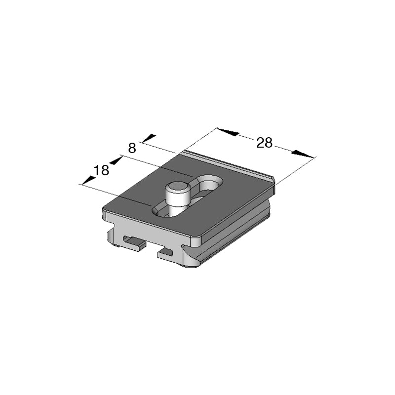 Illustration of ARCA-SWISS Camera Plate monoball®Fix 35 Anti-twist Edge, showing dimensions. 1/4”-20 screw in adjustment slot with 18 mm of movement. Fits many cameras with a straight and sharp sided base. Compact size for smaller cameras or accessories. From ARCA-SWISS USA.  SKU:  802257