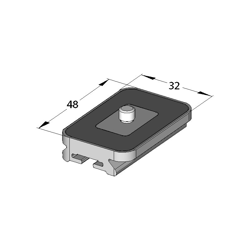 Illustration of ARCA-SWISS Camera Plate monoball®Fix 48 Universal, showing dimensions. 1/4”-20 screw. Fits many cameras and battery grips without registration index holes. From ARCA-SWISS USA.  SKU:  802265