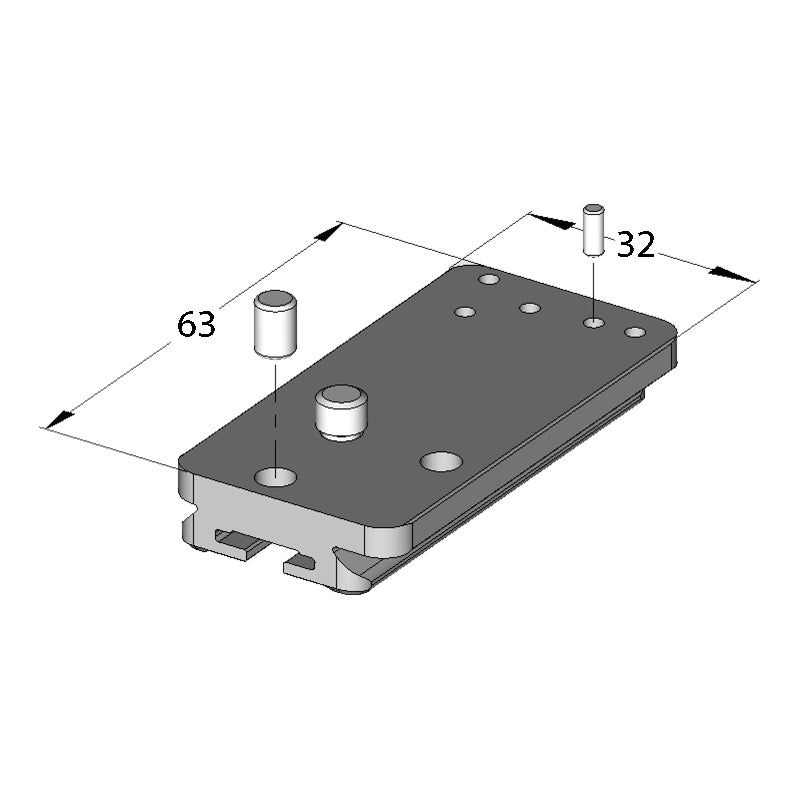 Illustration of ARCA-SWISS Camera Plate monoball®Fix SLR Anti-twist Pin x2, showing dimensions. 1/4”-20 screw. Anti-twist registration pin for Canon 5D mark III, Canon 5D Mark IV, Nikon Z, Nikon D850, Nikon D800/D810, Canon R and Fuji XT3. May be used without the anti-twist pin on some cameras or battery grips. From ARCA-SWISS USA.  SKU:  802272