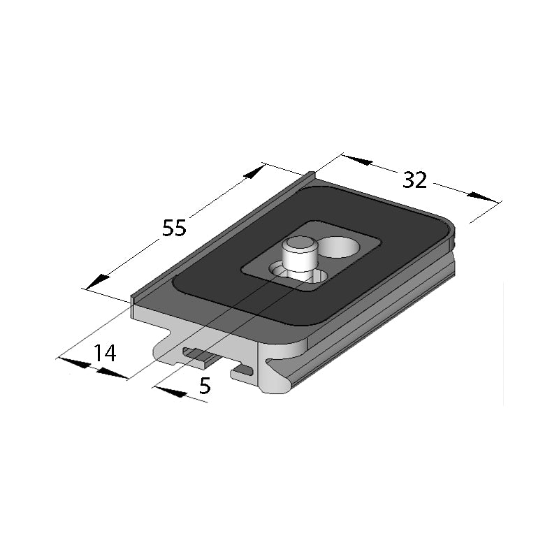Illustration of ARCA-SWISS Camera Plate monoball®Fix 55 Hasselblad or Leica M8-M9, showing dimensions. Supplied 1/4”-20 or 3/8”-16 screw. Works with Hasselblad, Leica M8, M9, M240, Olympus E60. From ARCA-SWISS USA.  SKU:  802273