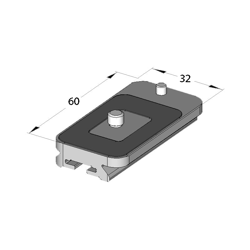 Illustration of ARCA-SWISS Camera Plate monoball®Fix Pentax Medium Format, showing dimensions. 1/4”-20 screw. Anti-twist registration pin for Pentax 645 D, Pentax 67 and Pentax 67 II medium format cameras. From ARCA-SWISS USA.  SKU:  802277