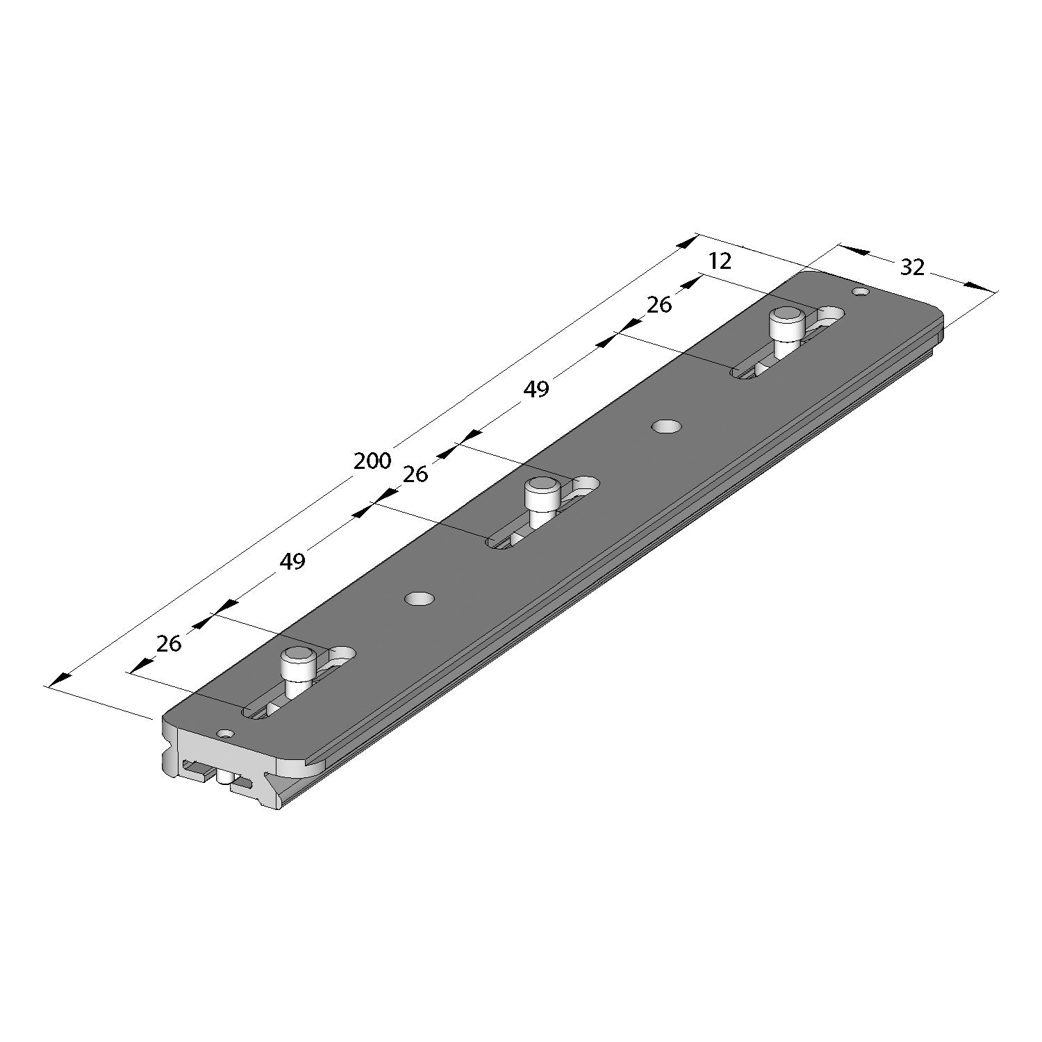 Illustration of ARCA-SWISS Camera Plate monoball®Fix 200, showing dimensions. Supplied with (3) 1/4”-20 screws. (3) Adjustment slots with 26 mm range of movement. Useful for mounting flat bed cameras or as a longer nodal plate used with panoramic accessories. From ARCA-SWISS USA.  SKU:  802281