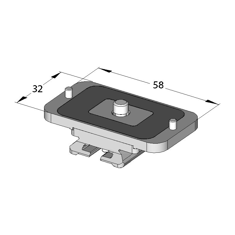Illustration of ARCA-SWISS Camera Plate monoball®Fix Variokit Mamiya, showing dimensions. Dovetail rotates 90 degrees for choice in camera orientation. 1/4”-20 screw. Anti-twist pins with rubberized surface. For Mamiya or Phase One cameras. From ARCA-SWISS USA.  SKU:  802285