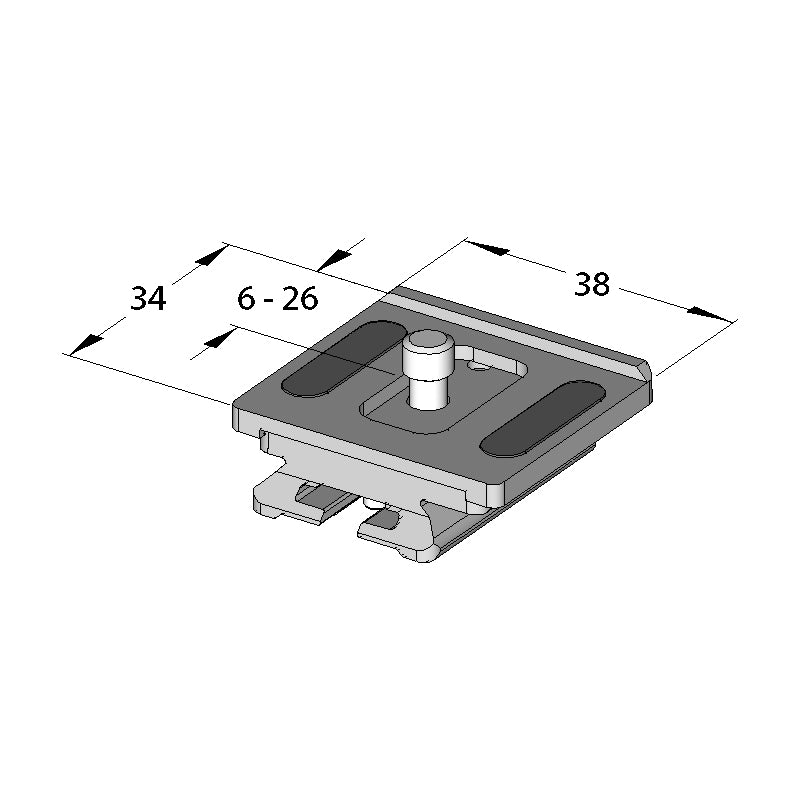 Illustration of ARCA-SWISS Camera Plate monoball®Fix Compact Variokit, showing dimensions. 1/4”-20 screw centered. Top frame on plate moves to adjust the anti-twist edge to the camera body. 6 mm to 26 mm maximum adjustable movement. Adjustable use for many cameras, lenses and accessories of all sizes. From ARCA-SWISS USA.  SKU:  802287