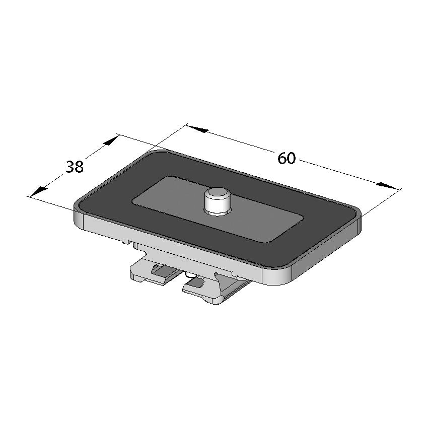 Illustration of ARCA-SWISS Camera Plate monoball®Fix Universal Variokit, showing dimensions. ARCA-SWISS monoball®Fix 26 mm or 38 mm dovetail. 1/4”-20 screw. Universal for DSLR/SLR, medium format, lens foot. From ARCA-SWISS USA.  SKU:  802289