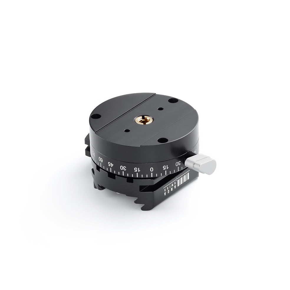 Photo of ARCA-SWISS flipLock® Panoramic Quickset Device. Panoramic base with built-in quick release. 360° panning with locking lever. Compatible with 3/8”-16 thread and comes with a 1/4”-20 bushing adapter. From ARCA-SWISS USA.  SKU:  802310.4