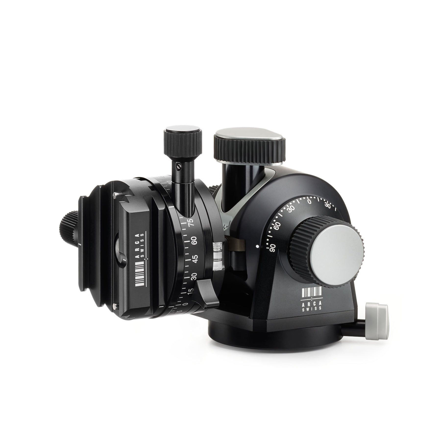 Photo of ARCA-SWISS D4 gp geared tripod head with Classic quick release, side view tilted 90 degrees. Featuring geared panning. From ARCA-SWISS USA.  SKU: 870113