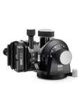 Photo of ARCA-SWISS D4 gp geared tripod head with Classic quick release, side view tilted 90 degrees. Featuring geared panning. From ARCA-SWISS USA. SKU: 870113
