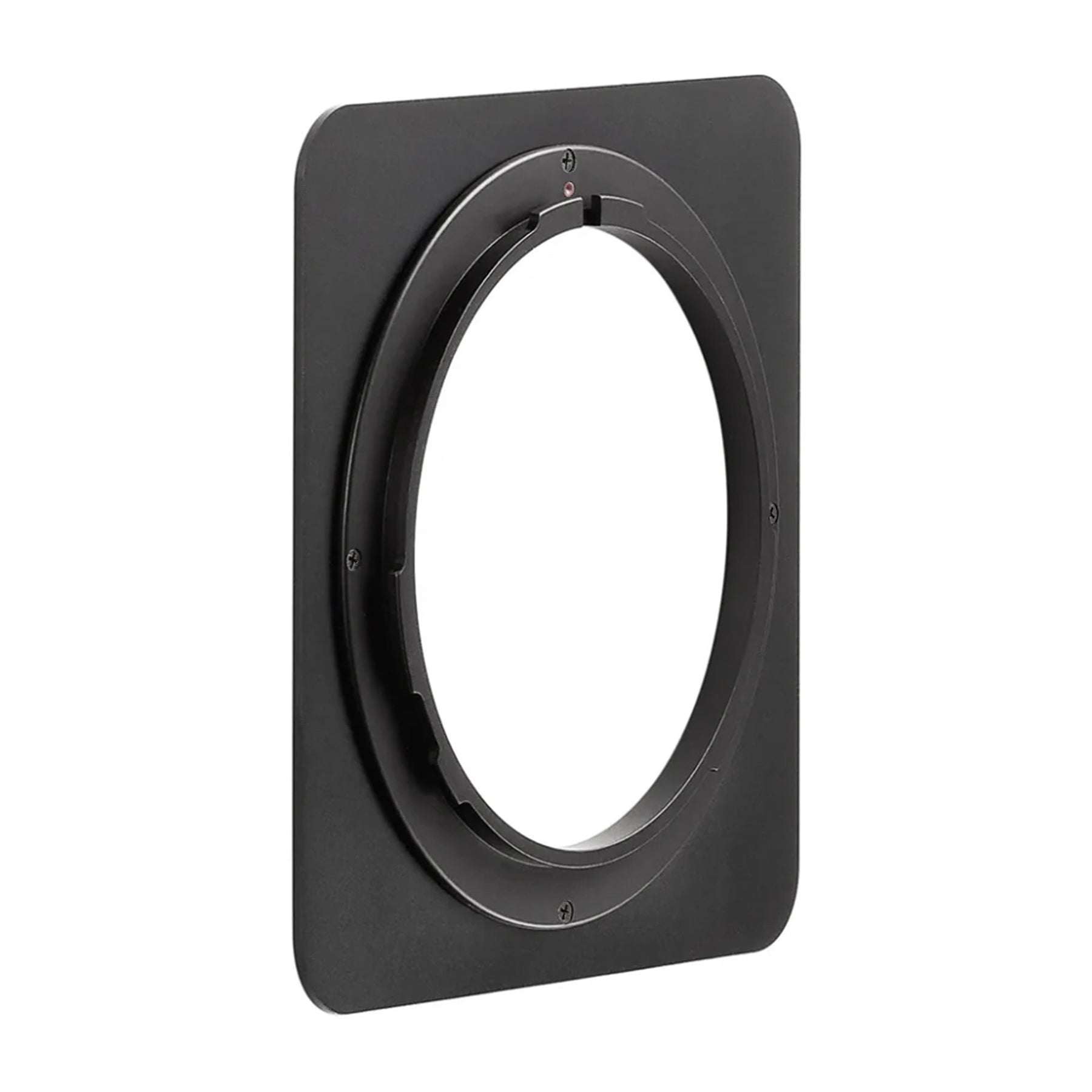 A black anodized aluminum 110 mm x 110 mm lens board with Mamiya RZ or Mamiya RB lens adapter.
