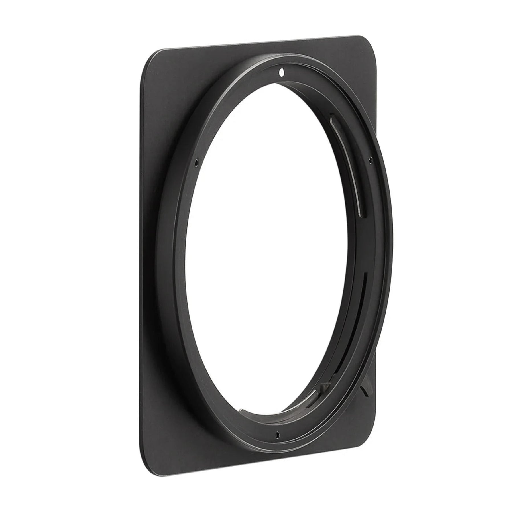 A black anodized aluminum 110 mm x 110 mm lens board with Pico B-mount bayonet adapter.