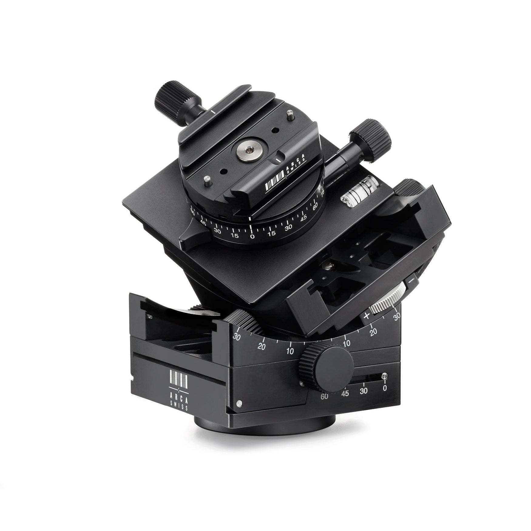 Photo of ARCA-SWISS C1 Cube gp geared tripod head with Classic quick release, quartering view, featuring gear-driven, self-locking micro-metric controls. From ARCA-SWISS USA.  SKU: 8501303.1