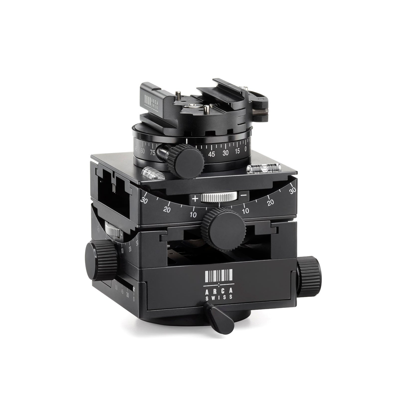 Photo of ARCA-SWISS C1 Cube gp geared tripod head with flipLock® quick release, quartering view showing 30 degrees of tilt in each axis. Featuring gear-driven, self-locking micro-metric controls. From ARCA-SWISS USA.  SKU:  8501300.1