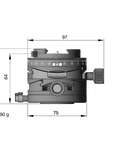 Illustration of ARCA-SWISS Core 75 Leveler geared tripod monoball®Fix dimensions with front view, featuring base and top panning, and micro-metric movements of +/- 15° in the X/Y axes. From ARCA-SWISS USA. SKU: 860111