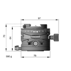 Illustration of ARCA-SWISS Core 75 Leveler geared tripod monoball®Fix dimensions with front view, featuring base and top panning, and micro-metric movements of +/- 15° in the X/Y axes. From ARCA-SWISS USA. SKU: 860111