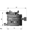 Illustration of ARCA-SWISS Core 75 Leveler geared tripod head with flipLock® quick release dimensions, front view, featuring base and top panning, and micro-metric movements of +/- 15° in the X/Y axes. From ARCA-SWISS USA. SKU: 860113