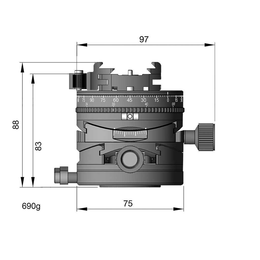 Illustration of ARCA-SWISS Core 75 Leveler clicPan® flipLock® tripod head dimensions with front view, featuring a panoramic interval rotator, base and top panning, and micro-metric movements of +/- 15° in the X/Y axes. From ARCA-SWISS USA. SKU: 860153