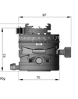 Illustration of ARCA-SWISS Core 75 Leveler clicPan® flipLock® tripod head dimensions with front view, featuring a panoramic interval rotator, base and top panning, and micro-metric movements of +/- 15° in the X/Y axes. From ARCA-SWISS USA. SKU: 860153