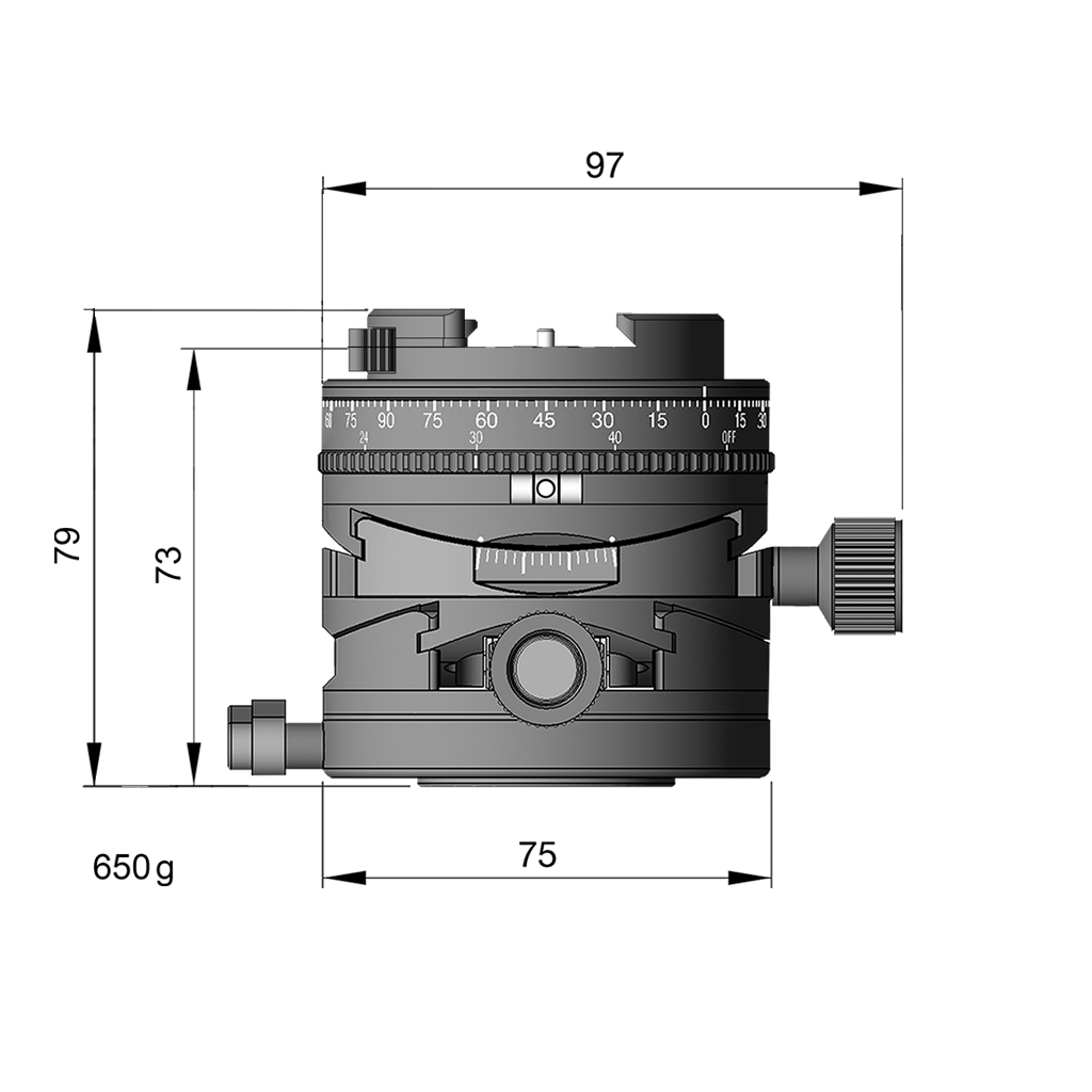 Illustration of ARCA-SWISS Core 75 Leveler clicPan® tripod head Classic dimensions with front view, featuring a panoramic interval rotator, base and top panning, and micro-metric movements of +/- 15° in the X/Y axes. From ARCA-SWISS USA. SKU: 860152