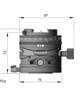 Illustration of ARCA-SWISS Core 75 Leveler clicPan® tripod head Classic dimensions with front view, featuring a panoramic interval rotator, base and top panning, and micro-metric movements of +/- 15° in the X/Y axes. From ARCA-SWISS USA. SKU: 860152
