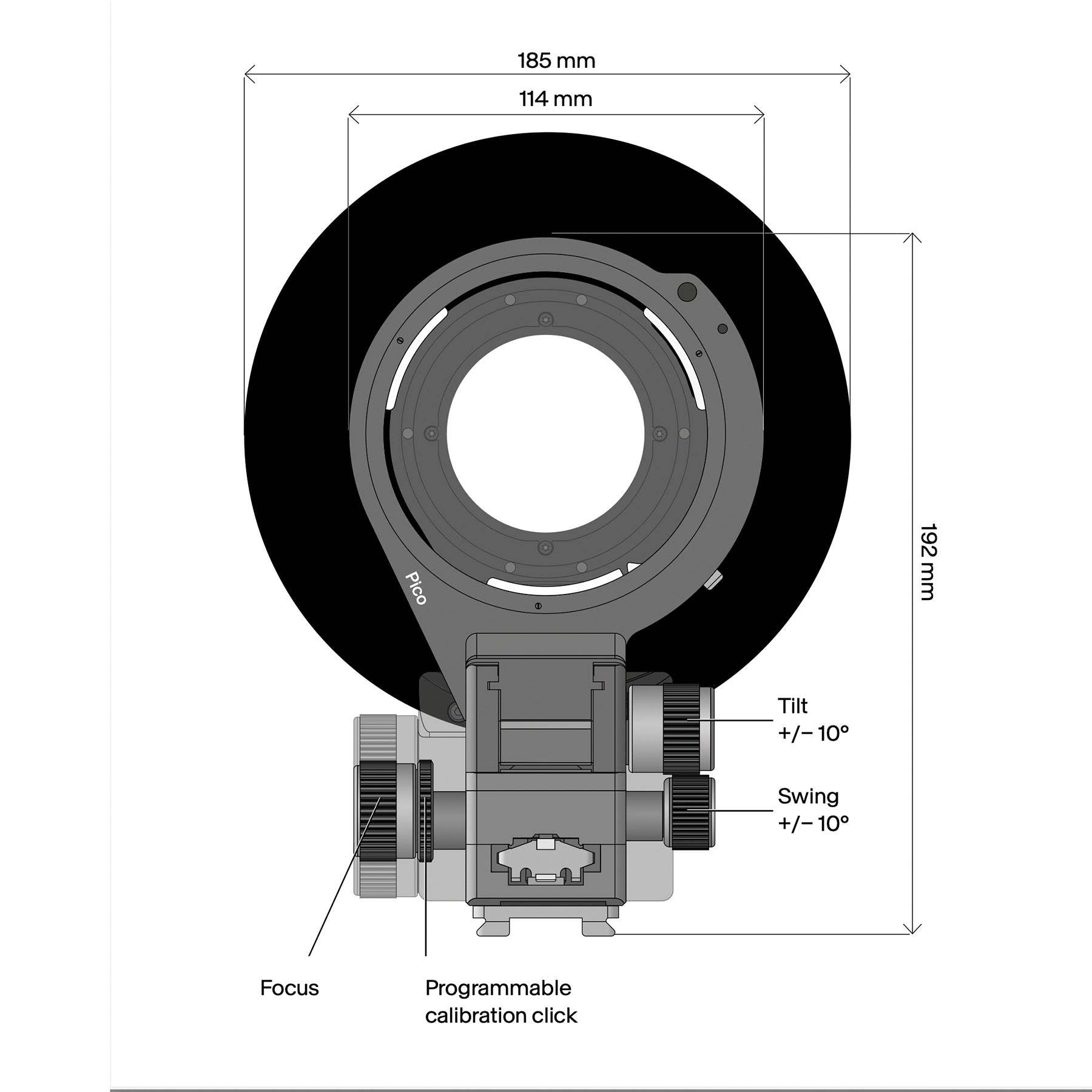 Illustration of ARCA-SWISS Pico View Camera for mirrorless digital cameras with front view, showing dimensions. From ARCA-Swiss USA.