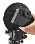 Photo of ARCA-SWISS Pico View Camera for mirrorless cameras with 3/4 rear photo showing the rotating feature for quick orientation changes. From ARCA-SWISS USA.
