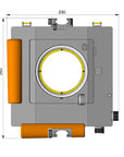 Illustration of ARCA-SWISS RL3di Technical Camera dimensions with front view, featuring a modular and expandable system, geared axis tilt built into the camera body, a helical focusing mechanism and smooth positive friction. From ARCA-SWISS USA. SKU: 017045.1