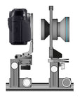 Illustration of ARCA-SWISS F-Universalis DSLR View Camera with side view, detailing Rot afoot. Featuring quick release and Micro-Orbix® tilt. From ARCA-SWISS USA. SKU: 019123-OC