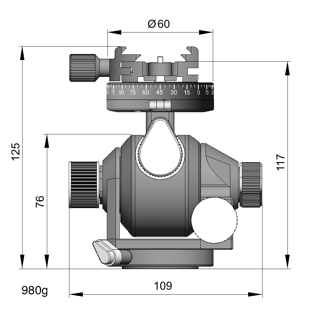 Illustration of ARCA-SWISS D4 geared tripod head with Classic quick release, with specifications for height, width, and weight. Featuring manual and geared movements, and dual panning mechanisms. From ARCA-SWISS USA.  SKU: 870103