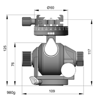 Arca-Swiss D4 geared tripod head with Classic quick release, illustration with specifications for height, width, and weight, model 870103