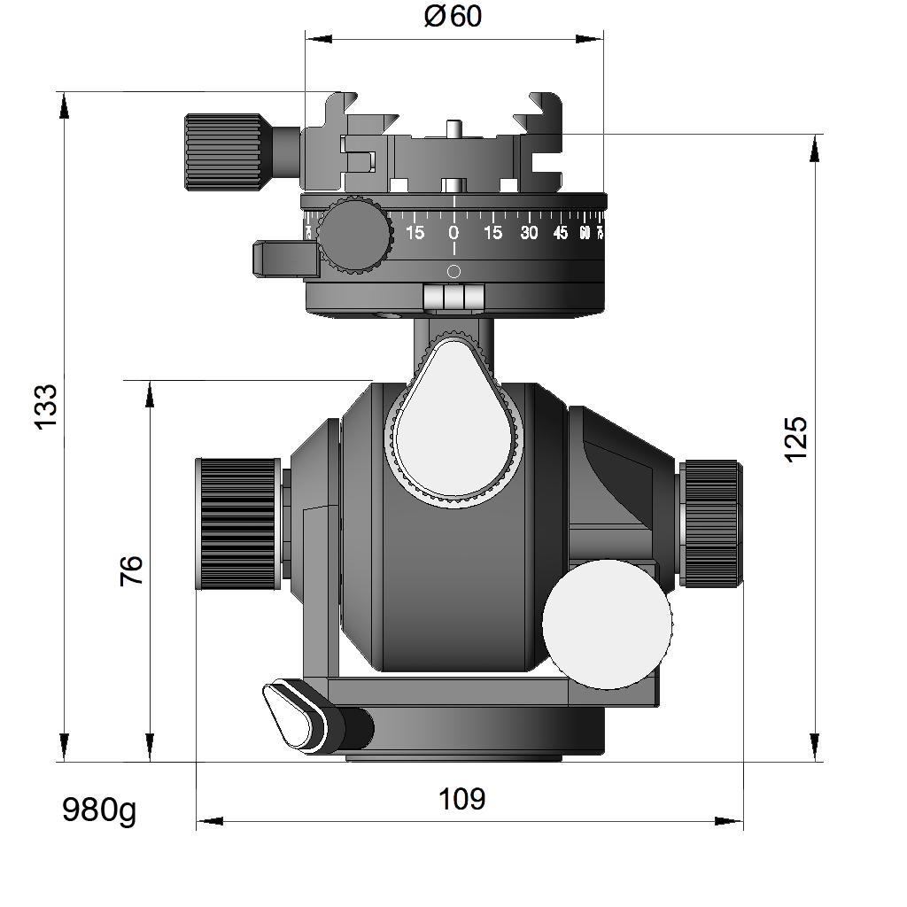 Arca-Swiss D4 gp geared tripod head with Classic quick release, illustration with specifications for height, width, and weight, geared panning model 870113