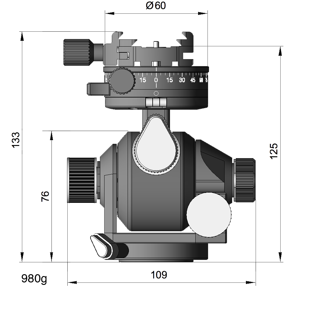 Illustration of ARCA-SWISS D4 gp geared tripod head with Classic quick release, with specifications for height, width, and weight. Featuring geared panning. From ARCA-SWISS USA.  SKU: 870113