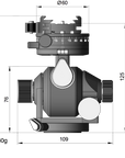 Illustration of ARCA-SWISS D4 gp geared tripod head with flipLock® quick release, with specifications for height, width, and weight. Featuring geared panning. From ARCA-SWISS USA. SKU: 870114