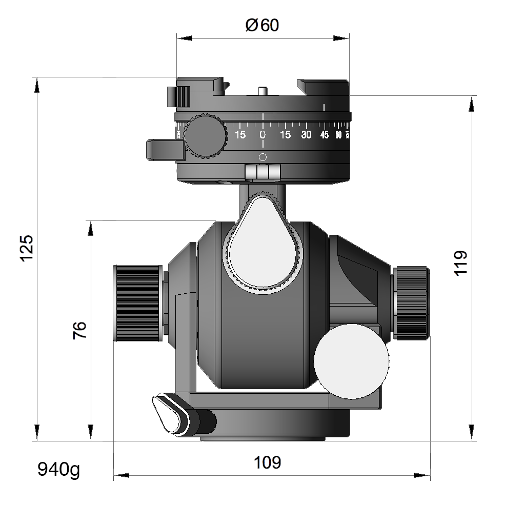 Illustration of ARCA-SWISS D4 gp geared tripod head with monoball®Fix quick release, with specifications for height, width, and weight. Featuring geared panning. From ARCA-SWISS USA.  SKU: 870115