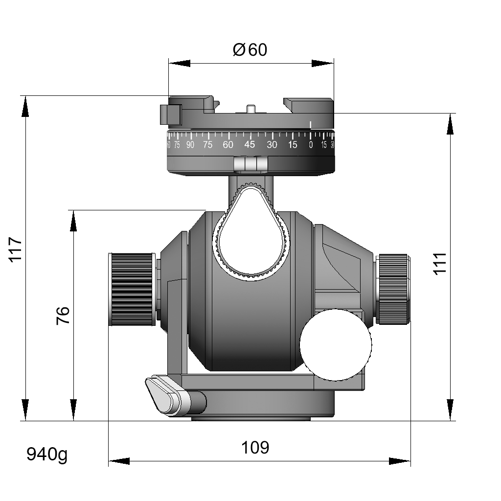 Illustration of ARCA-SWISS D4 geared tripod head with monoball®Fix quick release, with specifications for height, width, and weight. Featuring manual and geared movements, and dual panning mechanisms. From ARCA-SWISS USA.  SKU: 870105
