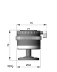 Illustration of ARCA-SWISS monoball® p0 1/4”, 3/8” tripod head with front view, featuring patented aspherical ball, three locking elements, textured locking ring, 90° tilt and 360° top panning. From ARCA-SWISS USA. SKU: 801211