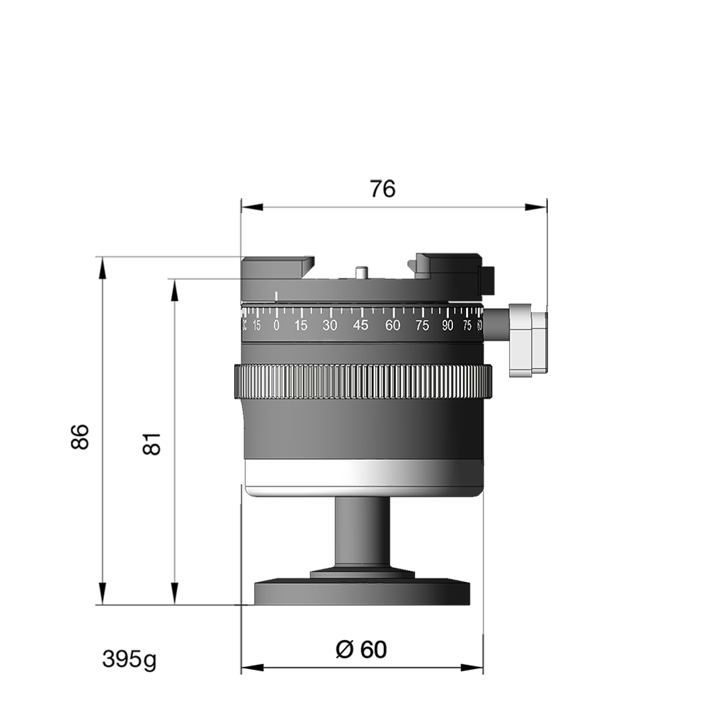 Illustration of ARCA-SWISS monoball® p0 monoball®Fix tripod head with front view, featuring patented aspherical ball, three locking elements, textured locking ring, 90° tilt and 360° top panning. From ARCA-SWISS USA.  SKU: 801213