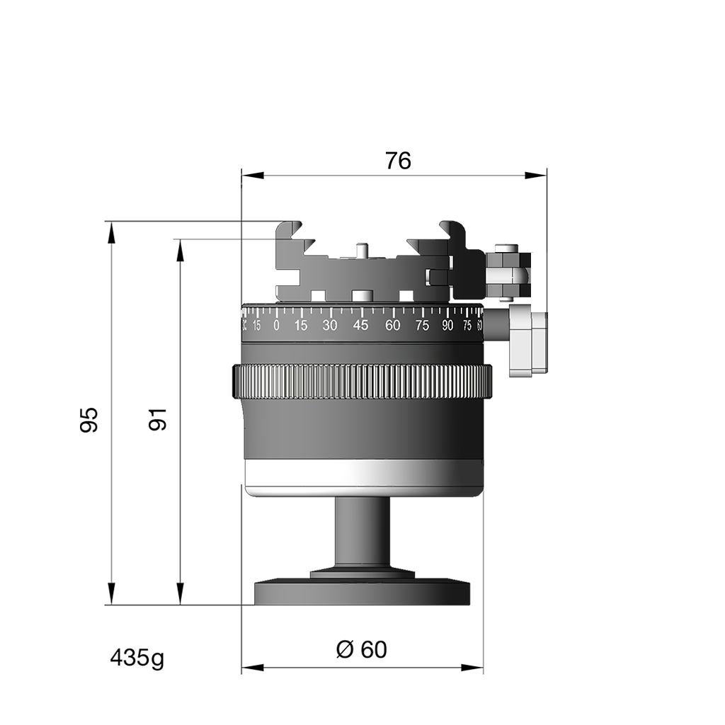 Illustration of ARCA-SWISS monoball® p0 flipLock® tripod head with front view, featuring patented aspherical ball, three locking elements, textured locking ring, 90° tilt and 360° top panning. From ARCA-SWISS USA.  SKU: 801215