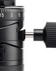 Photo of ARCA-SWISS Core 75 Leveler geared tripod head with telescoping knob, front view, featuring a panoramic interval rotator, base and top panning, and micro-metric movements of +/- 15° in the X/Y axes. SKU: 860112